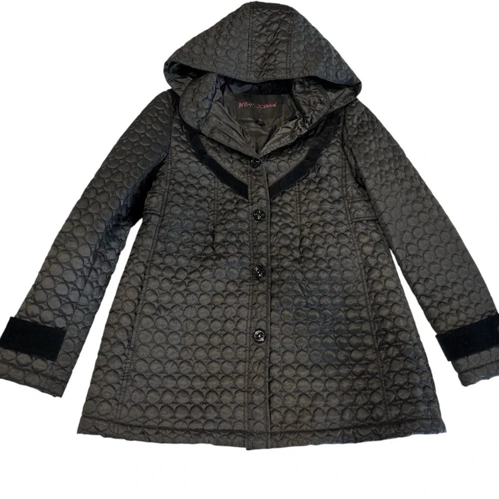 Betsey Johnson Coat Black Mini Circle Quilt Lightweight Hooded Jacket Size M - Picture 4 of 10